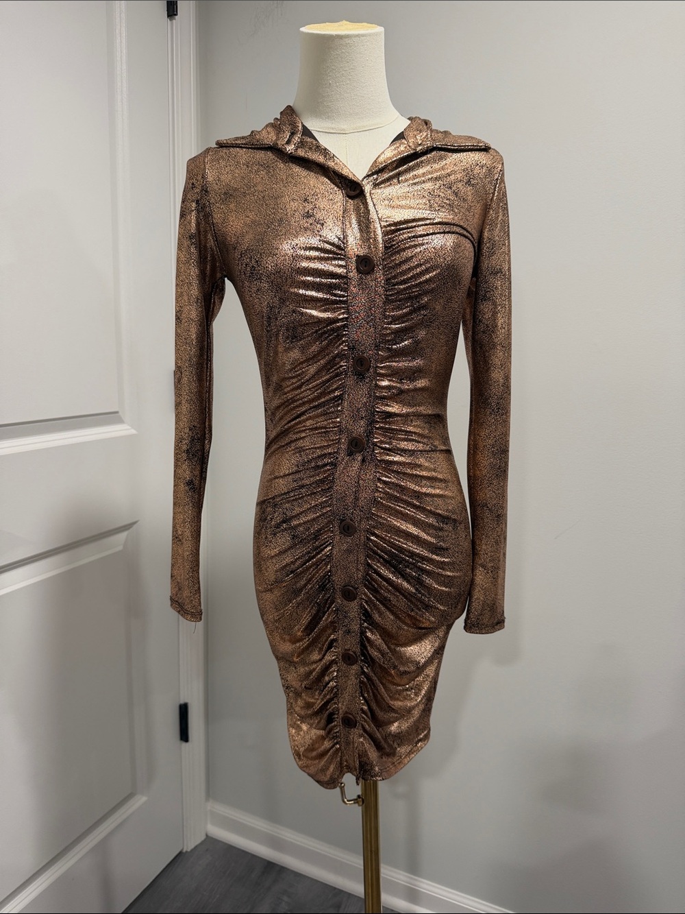 Rockstar Ruched Metallic Copper Long-Sleeve Bodycon button down Dress. Size S